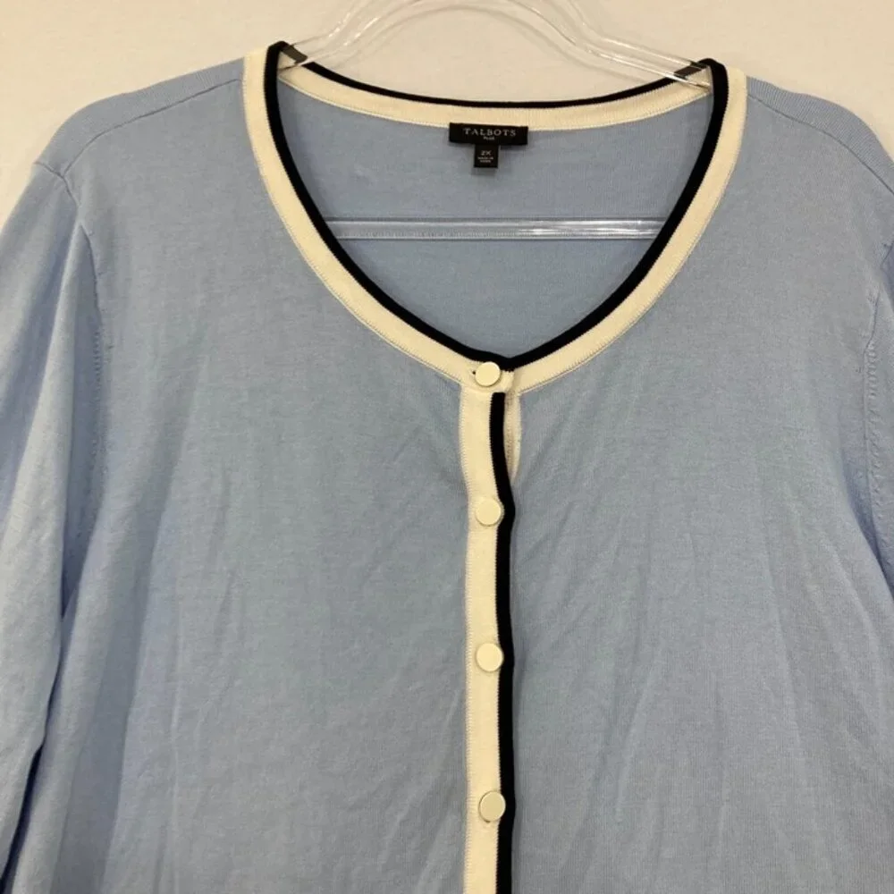 Talbots size‎ 2X Blue White Preppy 3/4 Sleeve Light Stretch Knit Button Cardigan